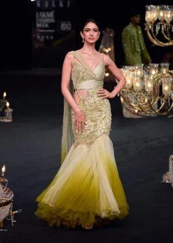 Citrus Green Ombre Fishcut Zardozi Gown Saree