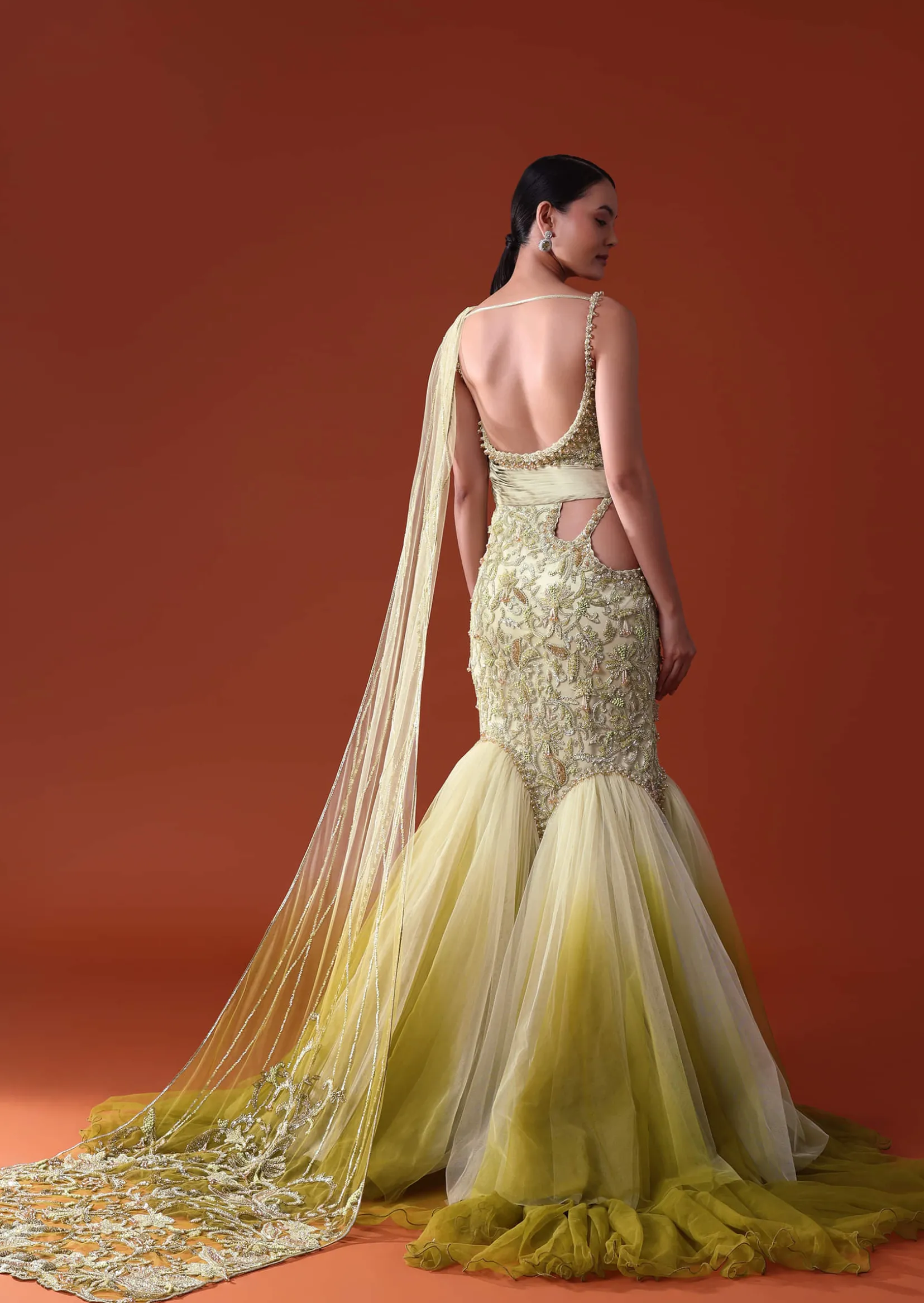 Citrus Green Ombre Fishcut Zardozi Gown Saree