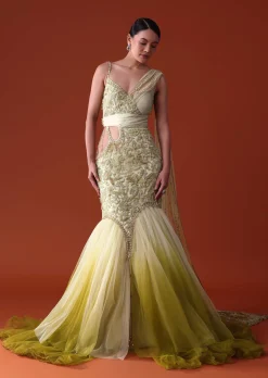 Citrus Green Ombre Fishcut Zardozi Gown Saree
