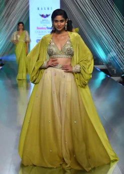 Citrus Green Palazzo Set With A Crop Top In Mirror Work Floral Embroidered Butttis