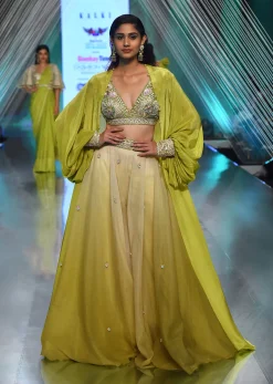 Citrus Green Palazzo Set With A Crop Top In Mirror Work Floral Embroidered Butttis