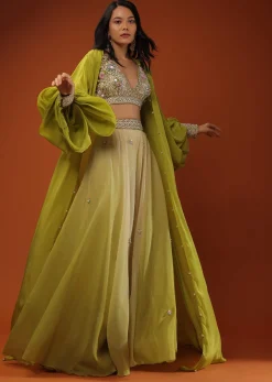 Citrus Green Palazzo Set With A Crop Top In Mirror Work Floral Embroidered Butttis