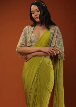 Citrus Green Pre Stitched Crepe Saree with Net Cape and V-Neck Crop Top