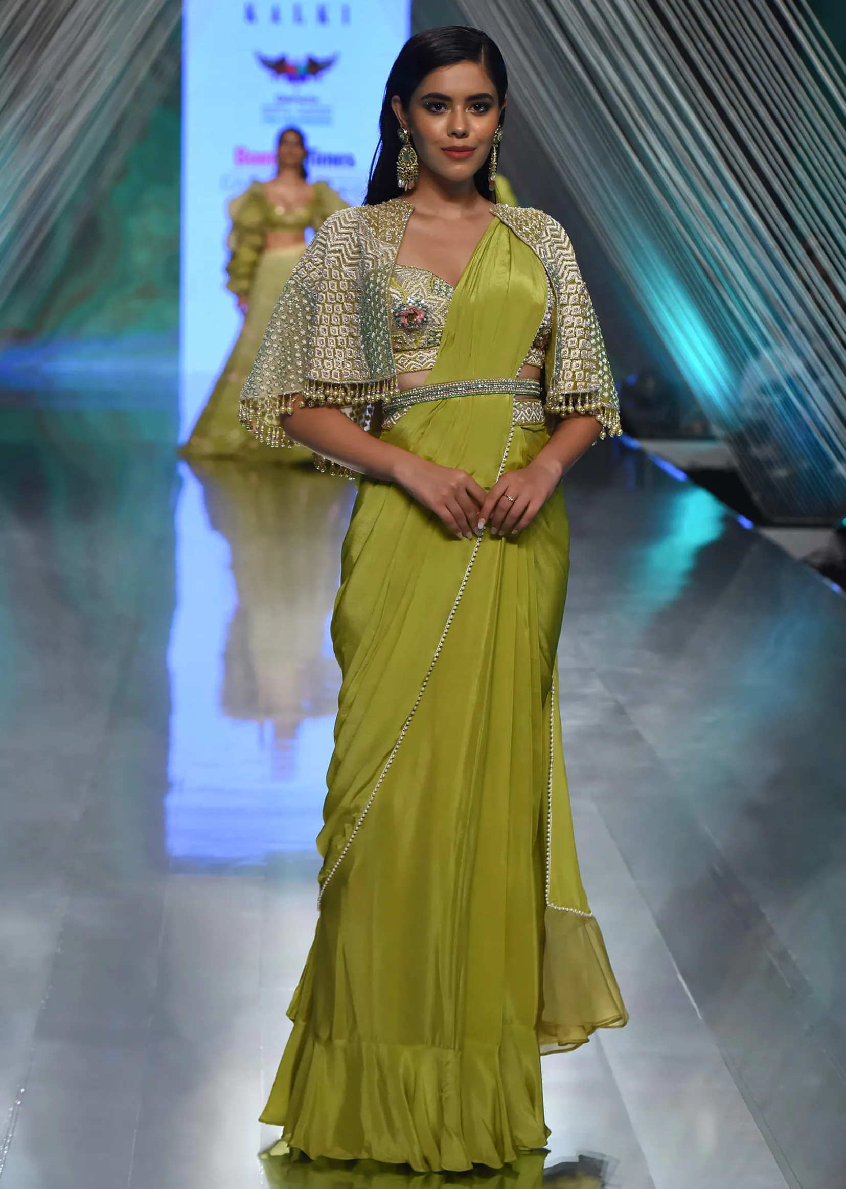 Citrus Green Pre Stitched Crepe Saree with Net Cape and V-Neck Crop Top