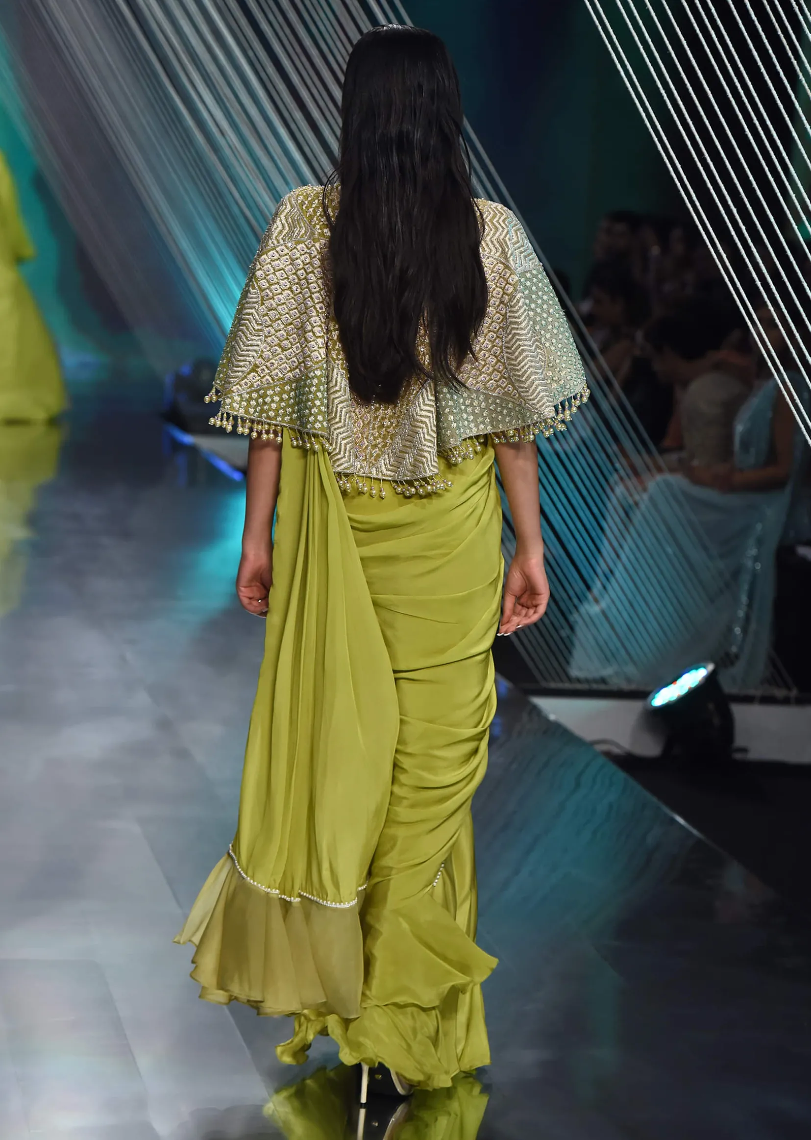 Citrus Green Pre Stitched Crepe Saree with Net Cape and V-Neck Crop Top