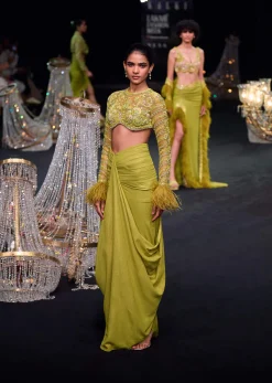 Citrus Green Satin Net Draped Trail Skirt With Feather Embellished Bustier