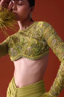 Citrus Green Satin Net Draped Trail Skirt With Feather Embellished Bustier