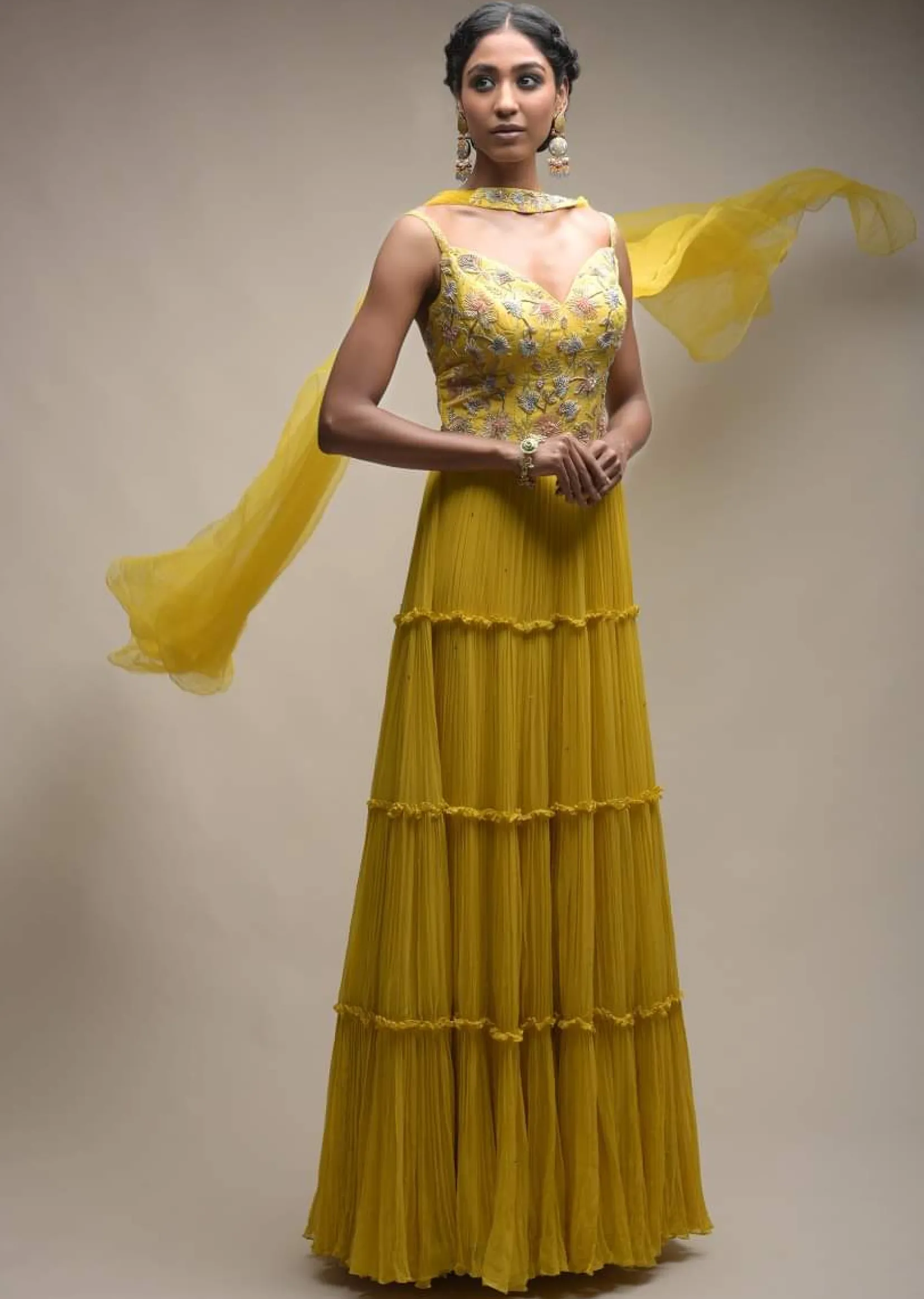 Citrus Indowestern Tiered suit In Georgette With Resham And Beads Embroidered Floral Pattern