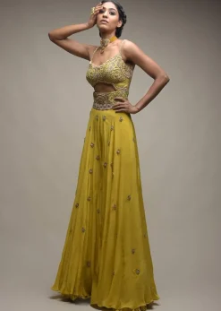 Citrus Jumpsuit In Crepe With Front Cut Out And Zardozi Embroidered Floral Jaal
