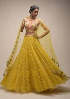 Citrus Lehenga And Crop Top With Resham Embroidered Spring Blossoms