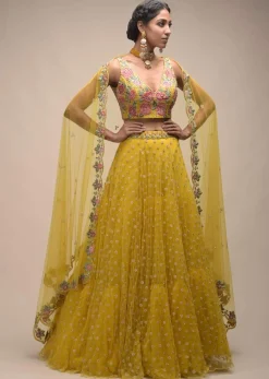Citrus Lehenga And Crop Top With Resham Embroidered Spring Blossoms