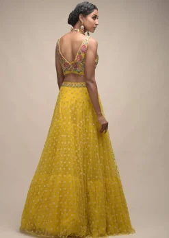 Citrus Lehenga And Crop Top With Resham Embroidered Spring Blossoms
