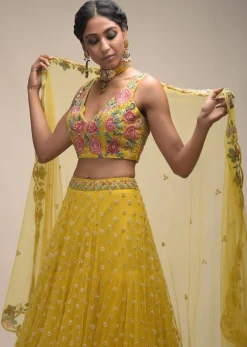 Citrus Lehenga And Crop Top With Resham Embroidered Spring Blossoms
