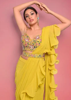 Citrus Ready To Wear Ruffle Saree With Multi-Color Floral Hand Embroidered Blouse