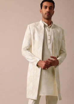 Classic Beige Banarasi Silk Sherwani Set