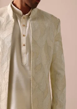 Classic Beige Banarasi Silk Sherwani Set