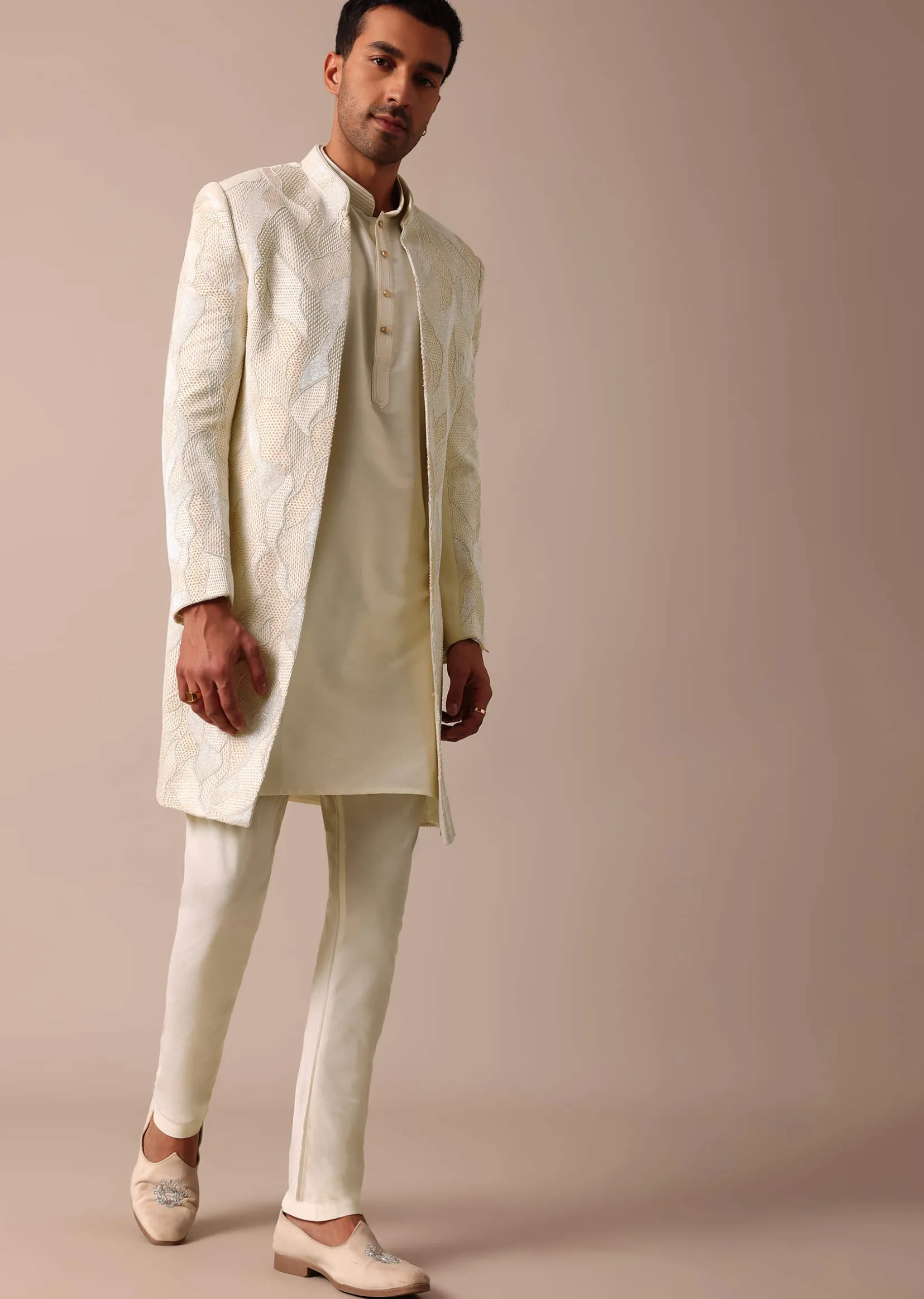 Classic Beige Banarasi Silk Sherwani Set