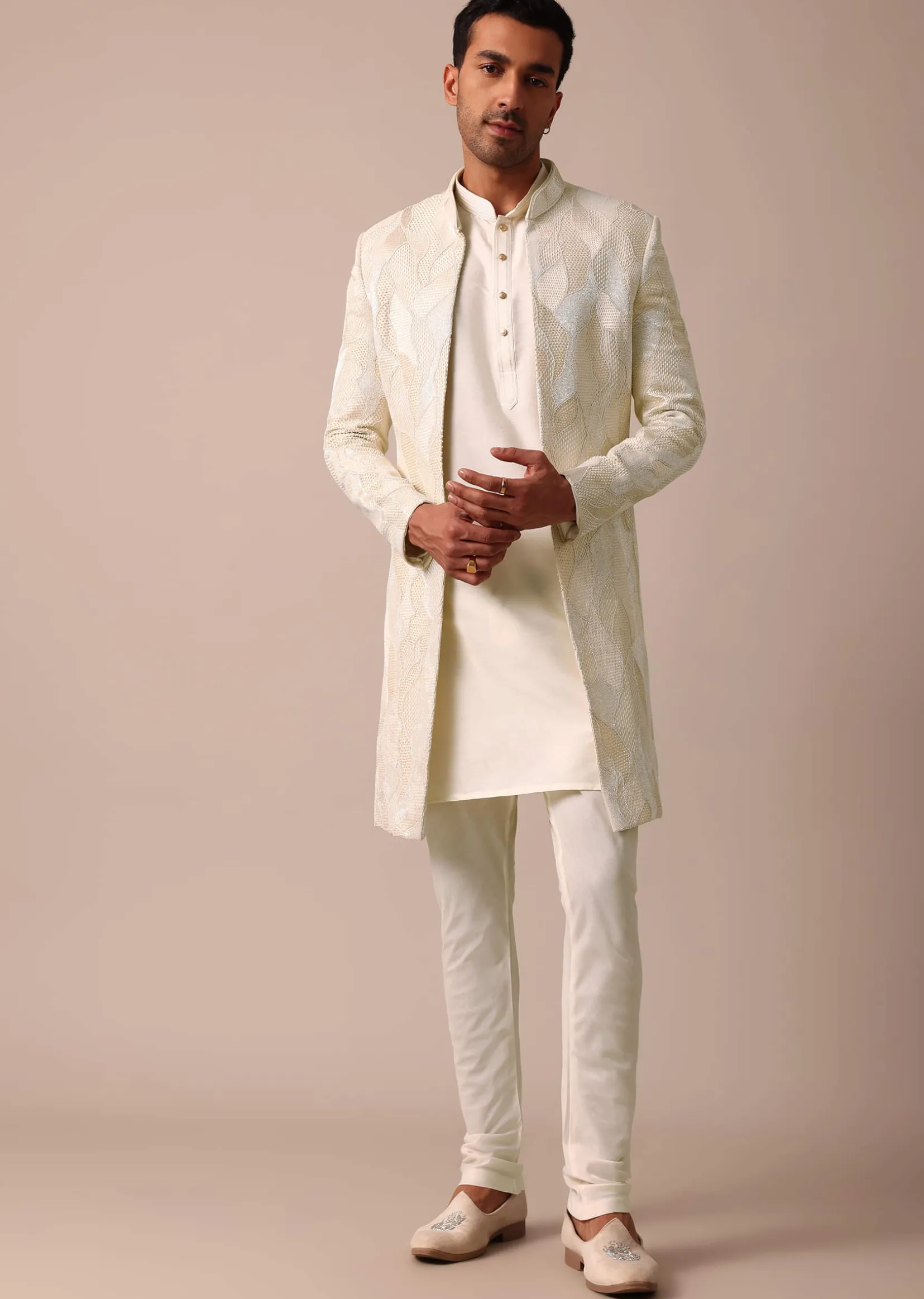 Classic Beige Banarasi Silk Sherwani Set