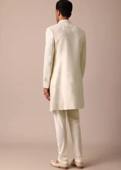 Classic Beige Banarasi Silk Sherwani Set