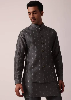 Classic Grey Silk Embroidered Jacket Kurta Set