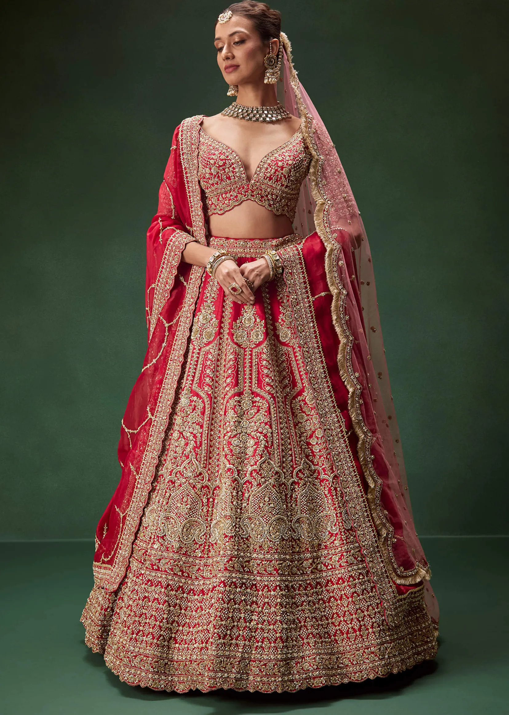 Classic Red Bridal Lehenga With All Over Zari And Dori Embroidery