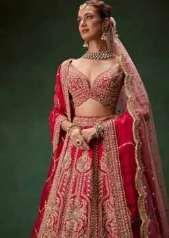 Classic Red Bridal Lehenga With All Over Zari And Dori Embroidery