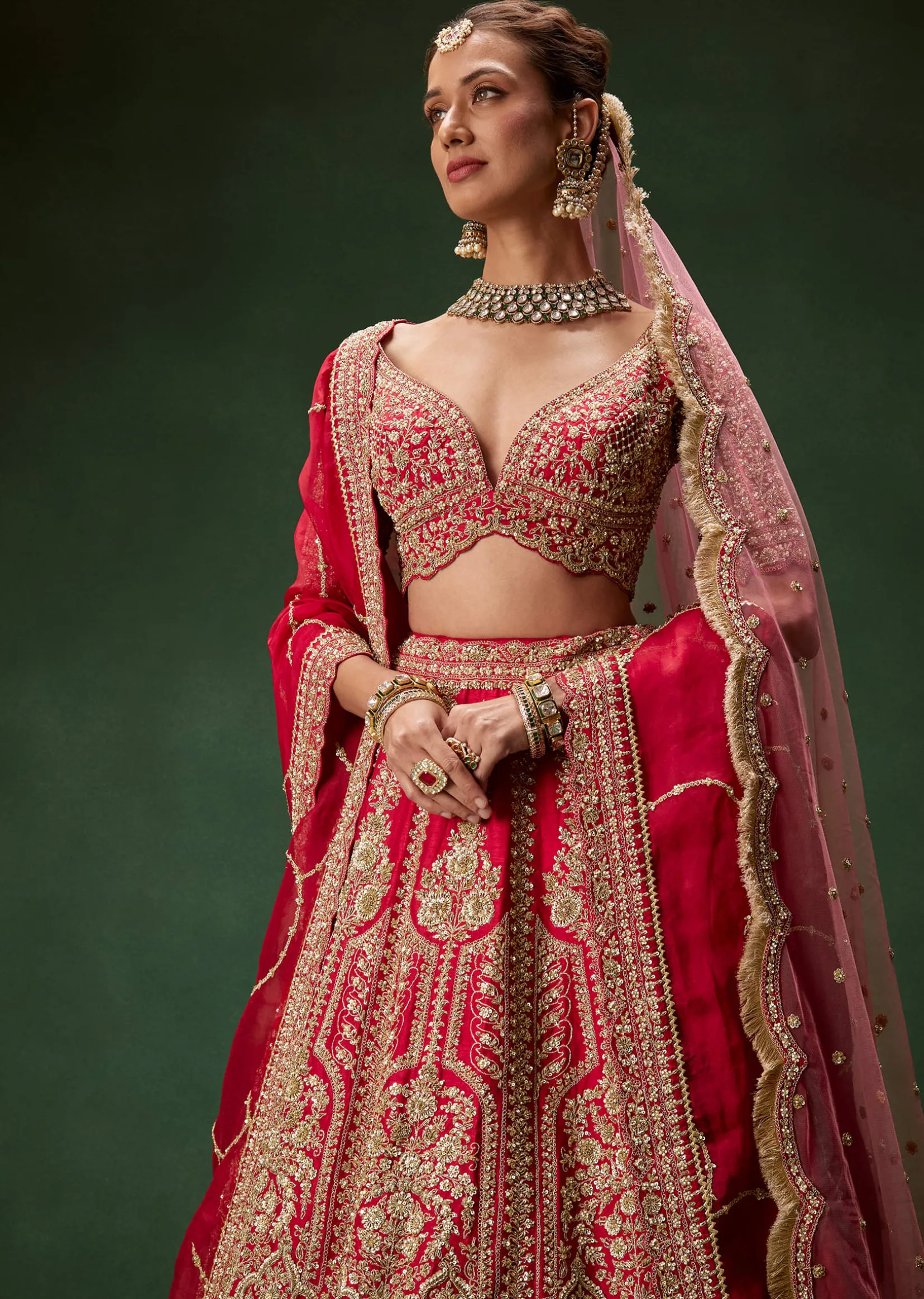 Classic Red Bridal Lehenga With All Over Zari And Dori Embroidery