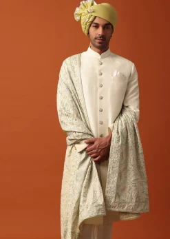 Classic White Neckline Embroidered Sherwani With Pashmina Dupatta