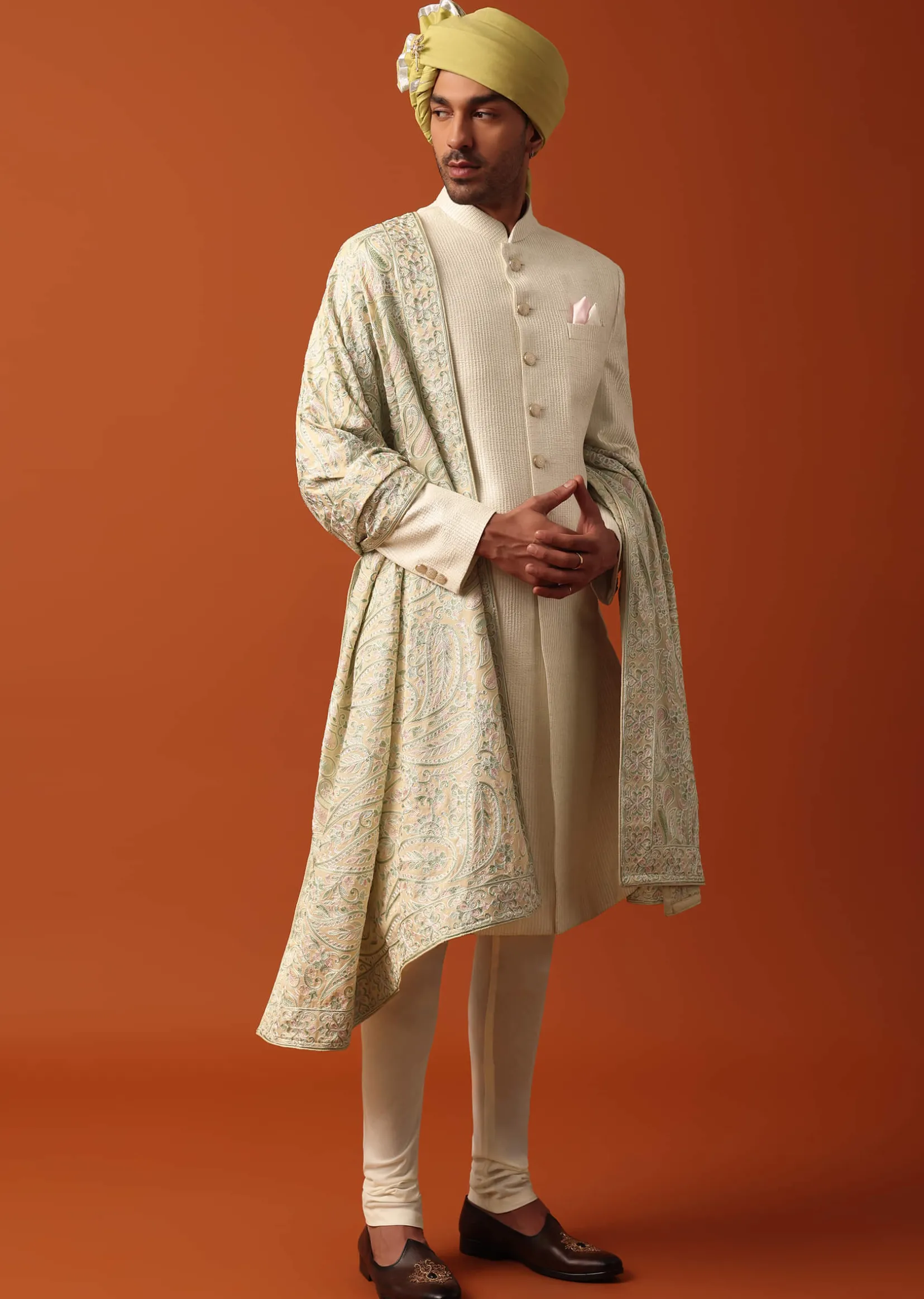 Classic White Neckline Embroidered Sherwani With Pashmina Dupatta