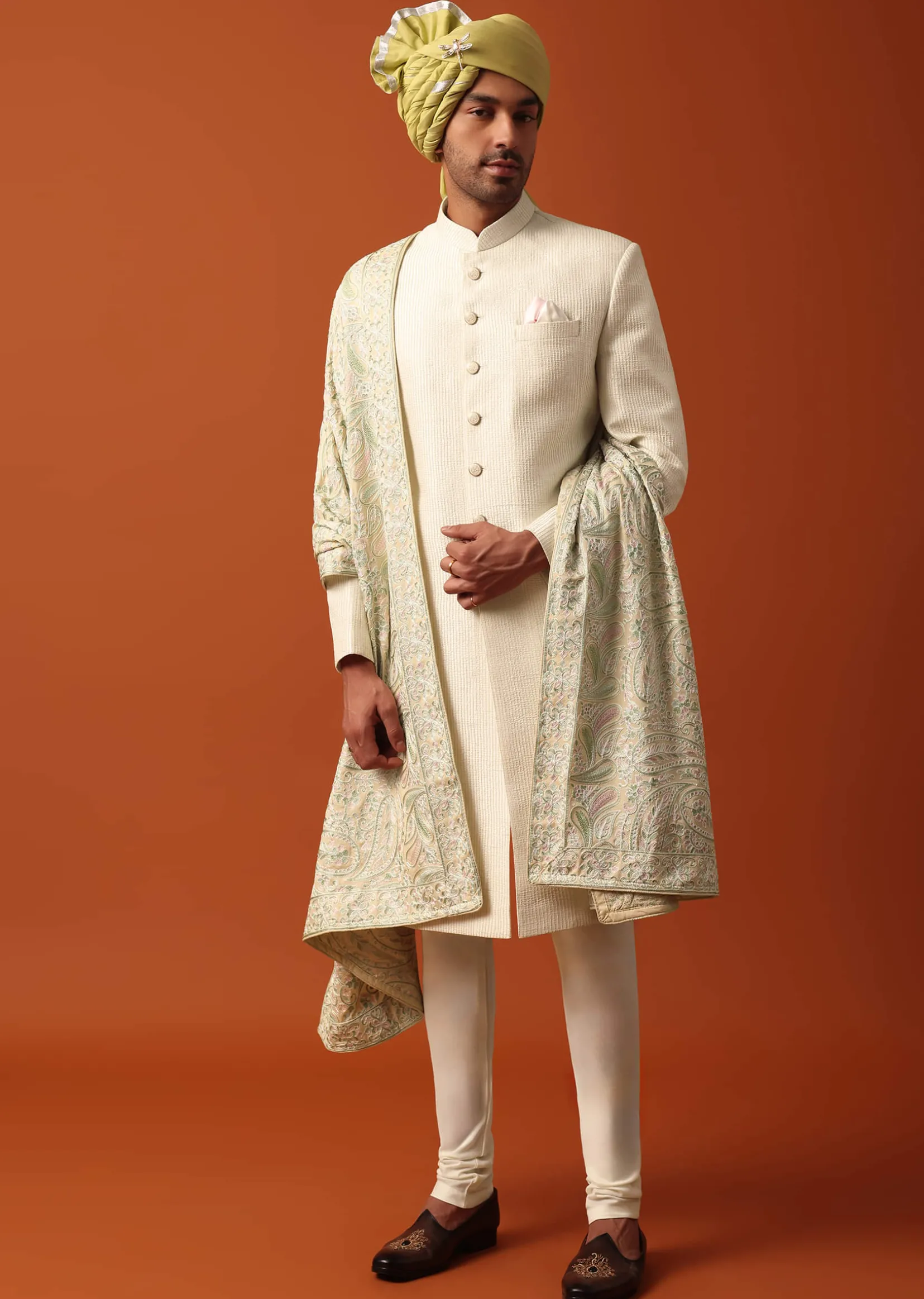 Classic White Neckline Embroidered Sherwani With Pashmina Dupatta