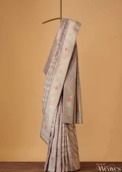 Cloud Grey Handloom Banarasi Saree In Katan Silk With 3-Gram Real Zari Weave And Unstitched Blouse