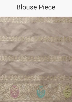 Cloud Grey Handloom Banarasi Saree In Katan Silk With 3-Gram Real Zari Weave And Unstitched Blouse