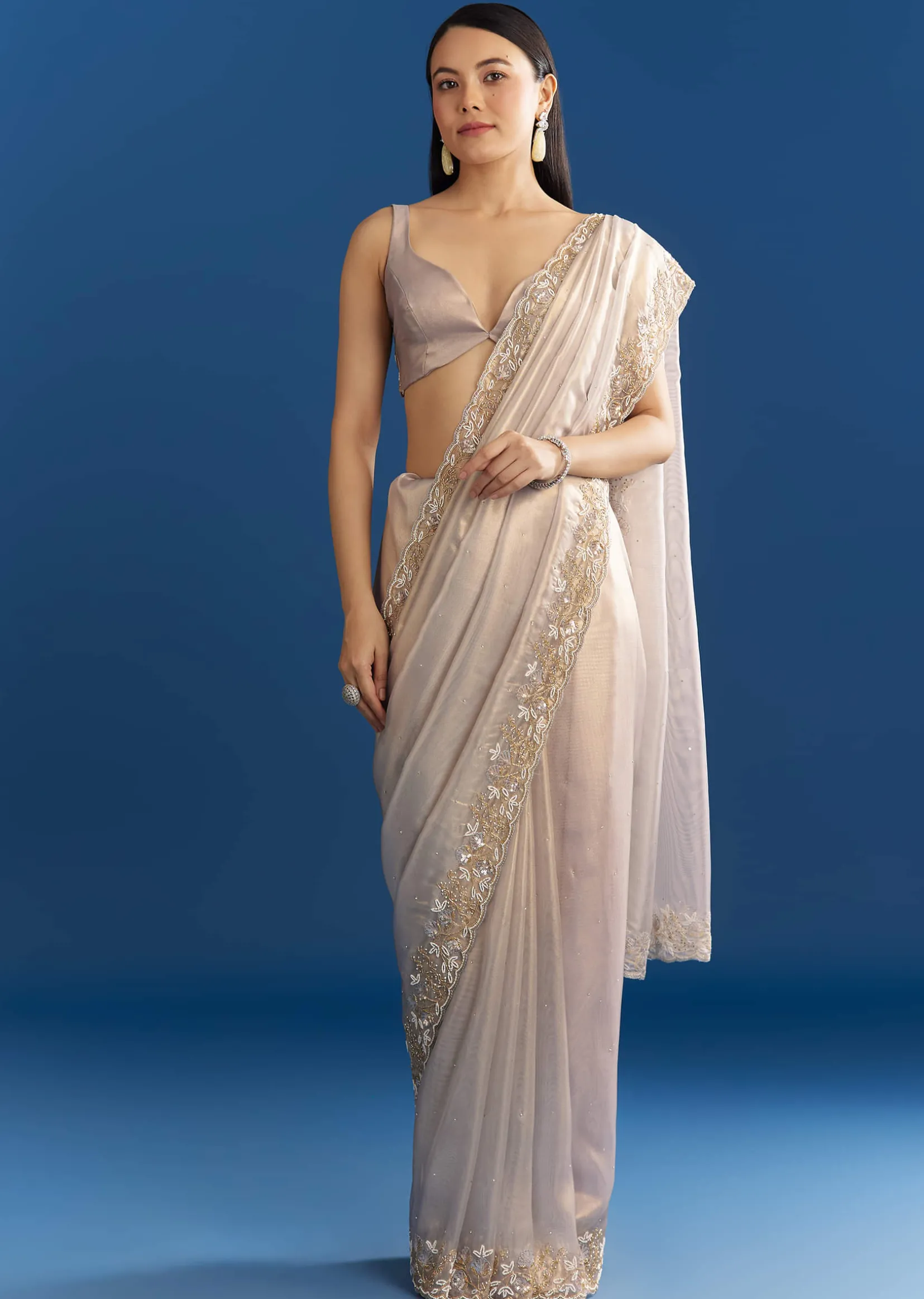 Cloud Grey Organza Tissue Saree With Embellished Border