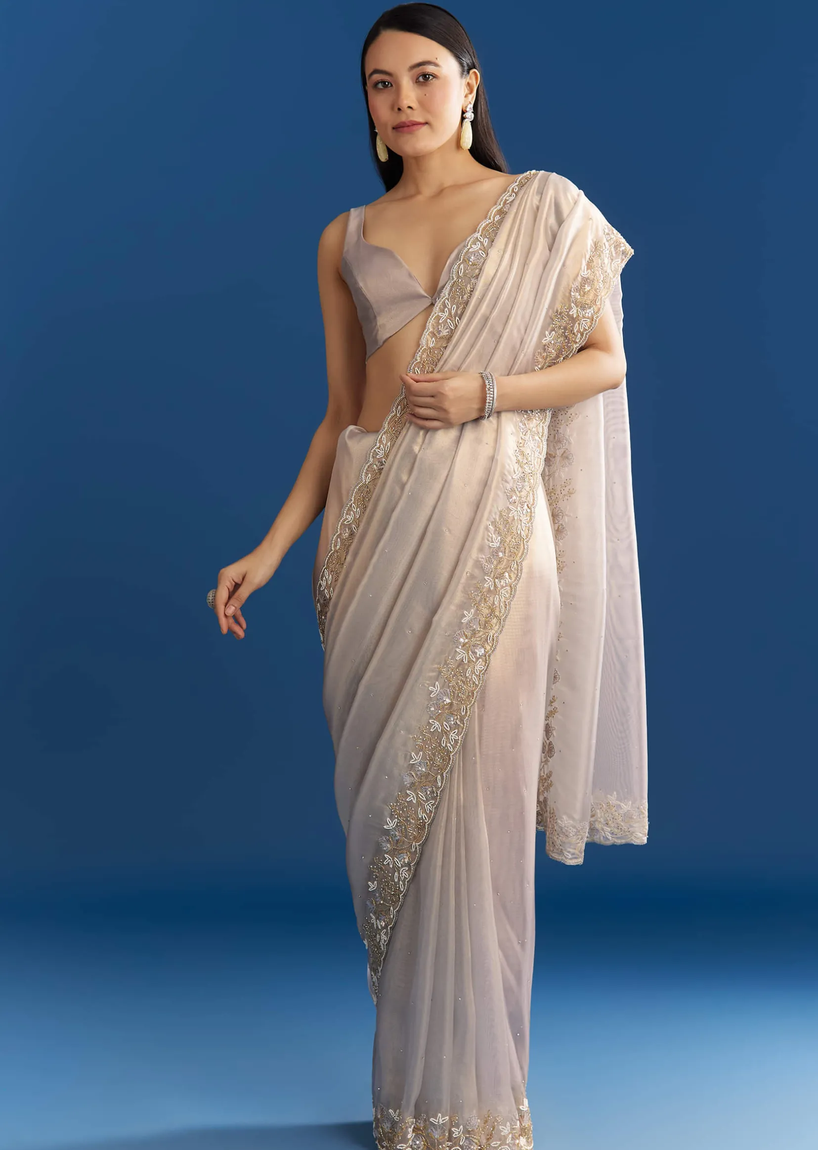Cloud Grey Organza Tissue Saree With Embellished Border