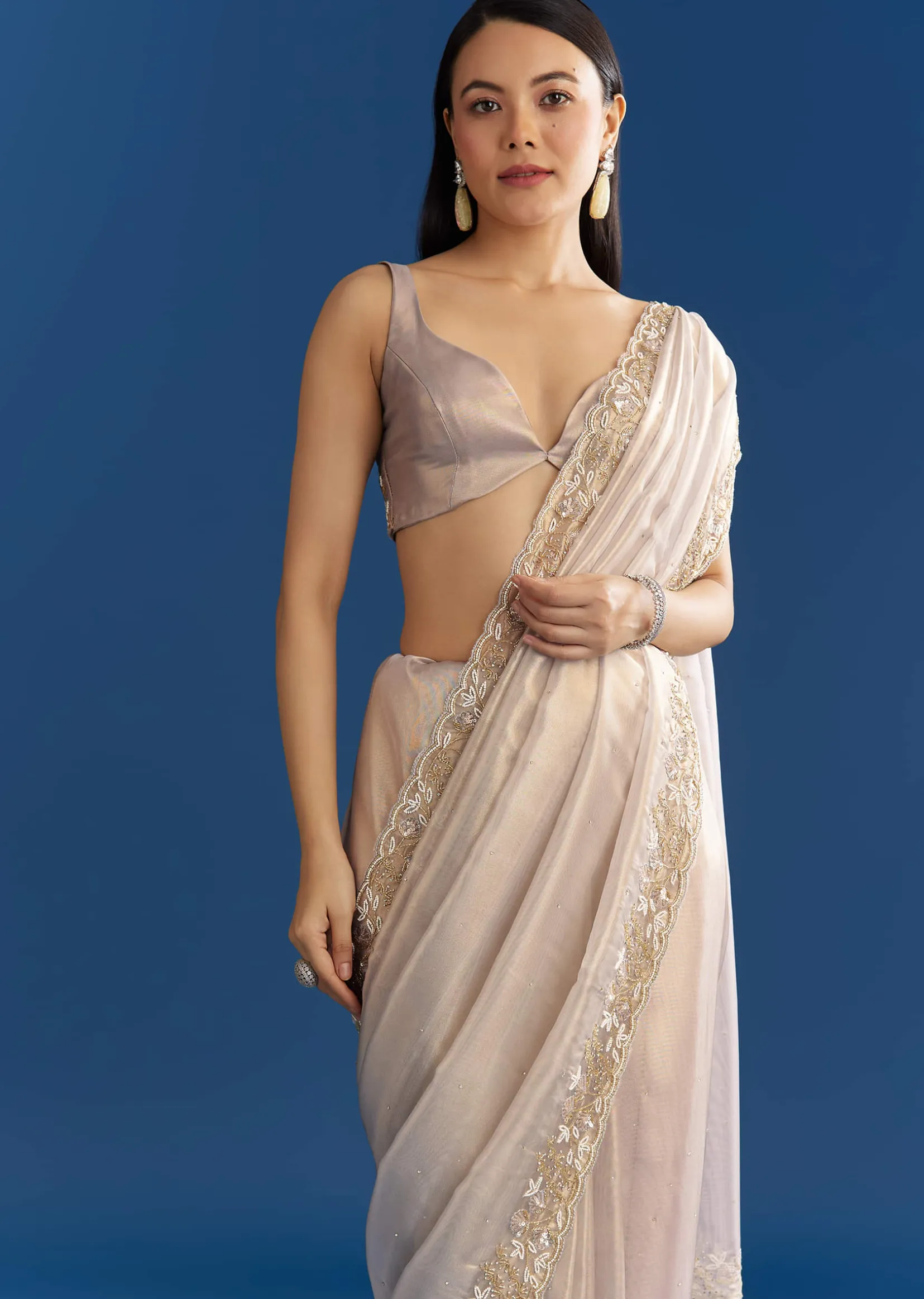 Cloud Grey Organza Tissue Saree With Embellished Border