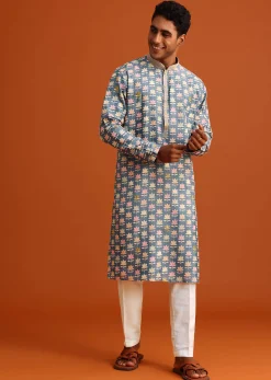 Cobalt Blue Printed Silk Kurta And Pant Set
