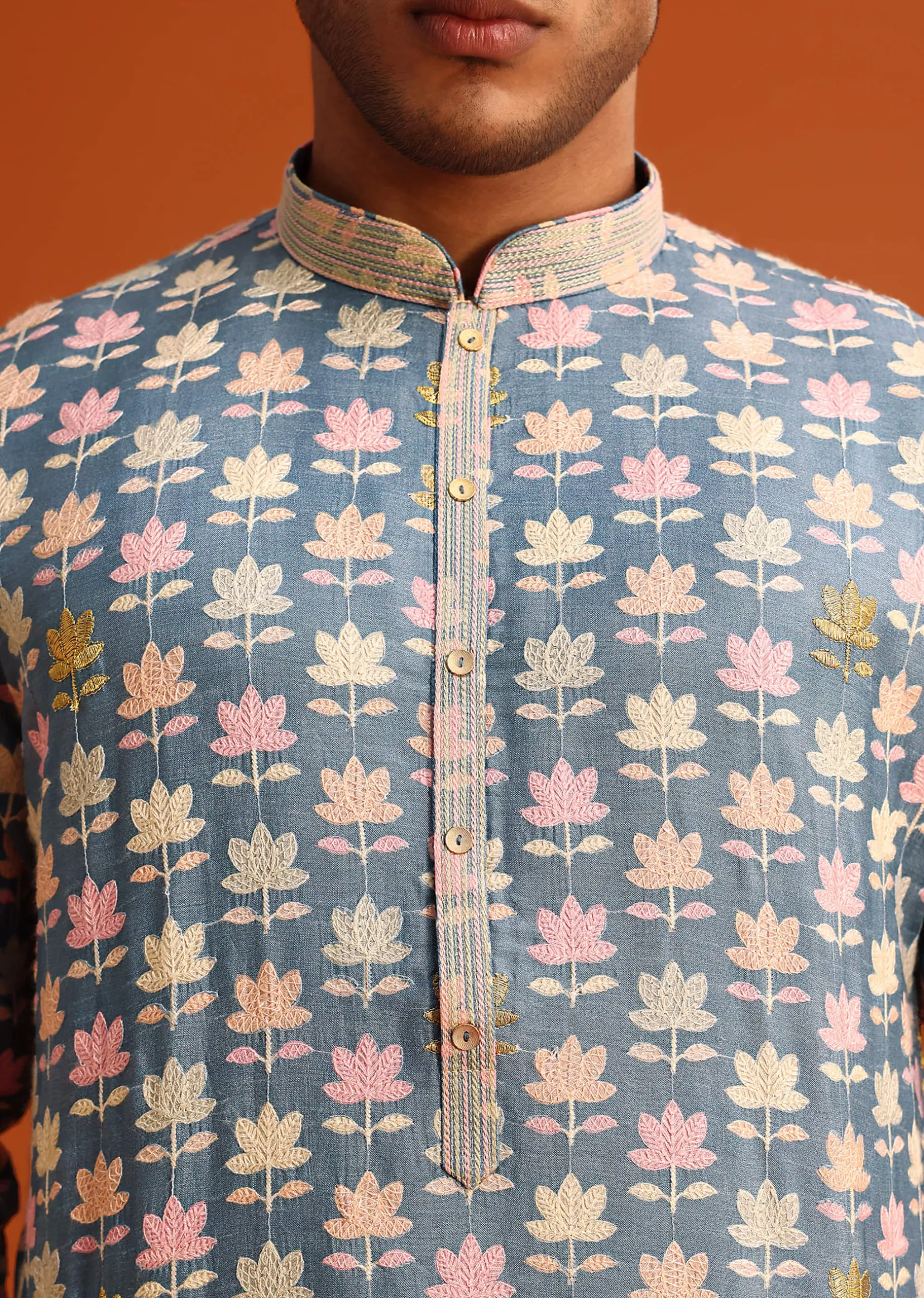 Cobalt Blue Printed Silk Kurta And Pant Set