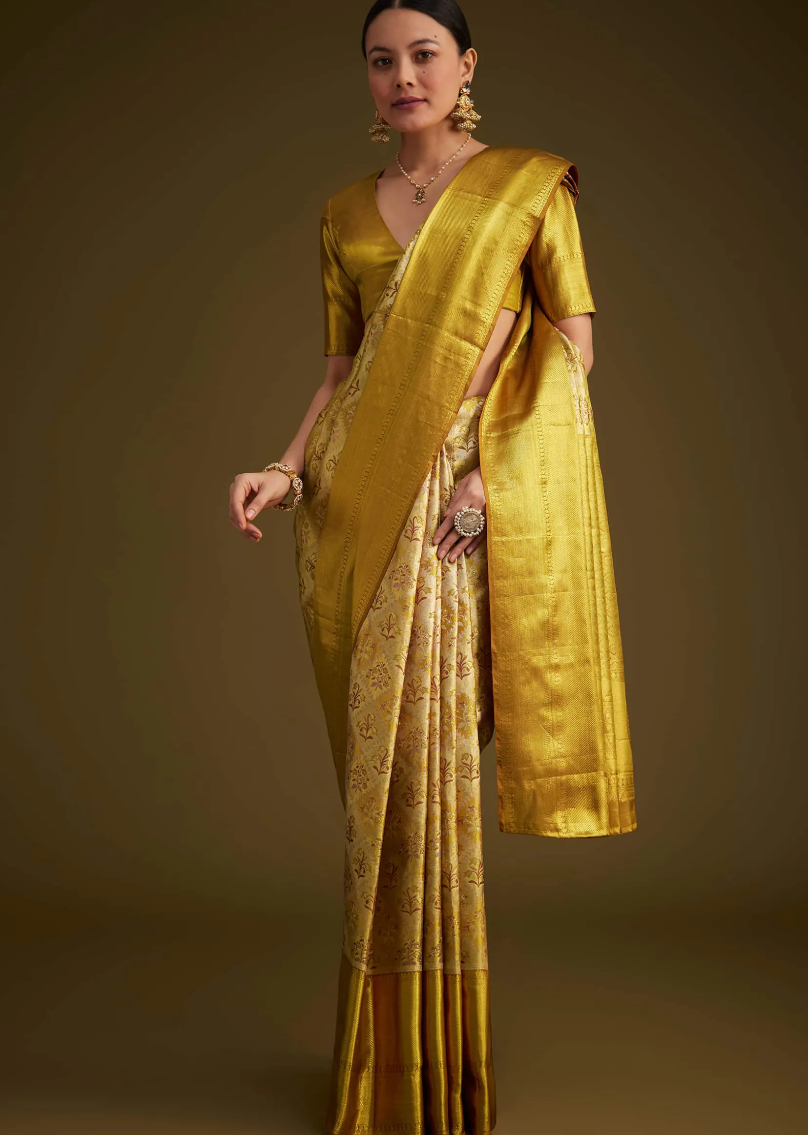 Coffee Beige Kanjivaram Silk Saree With Golden Zari Border
