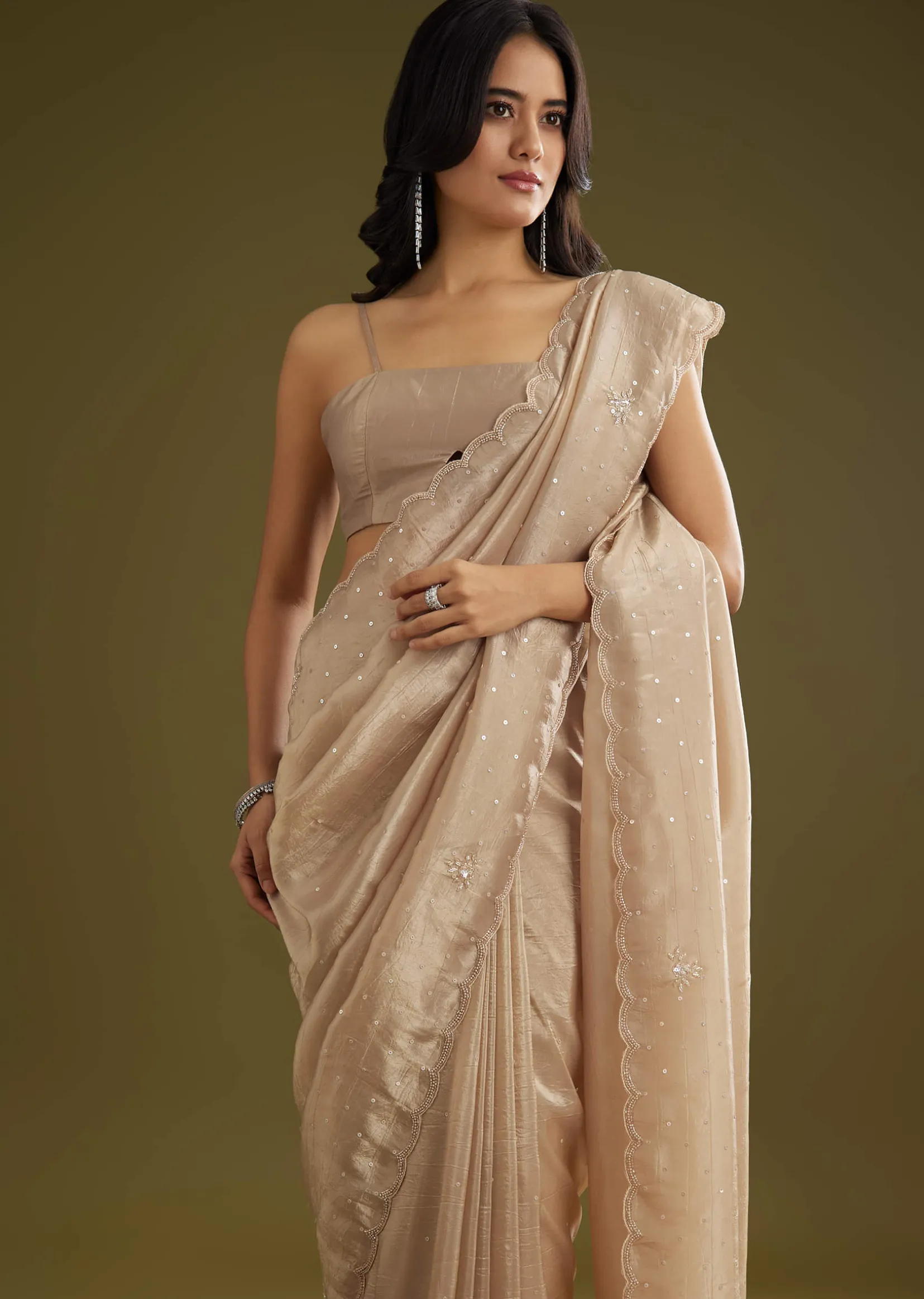 Coffee Brown Crushed Tissue Saree With Embroidered Scallop Border