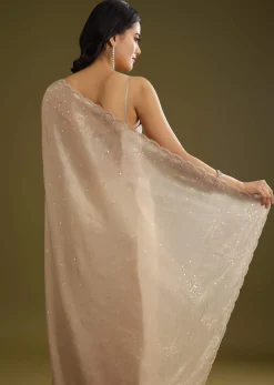 Coffee Brown Crushed Tissue Saree With Embroidered Scallop Border