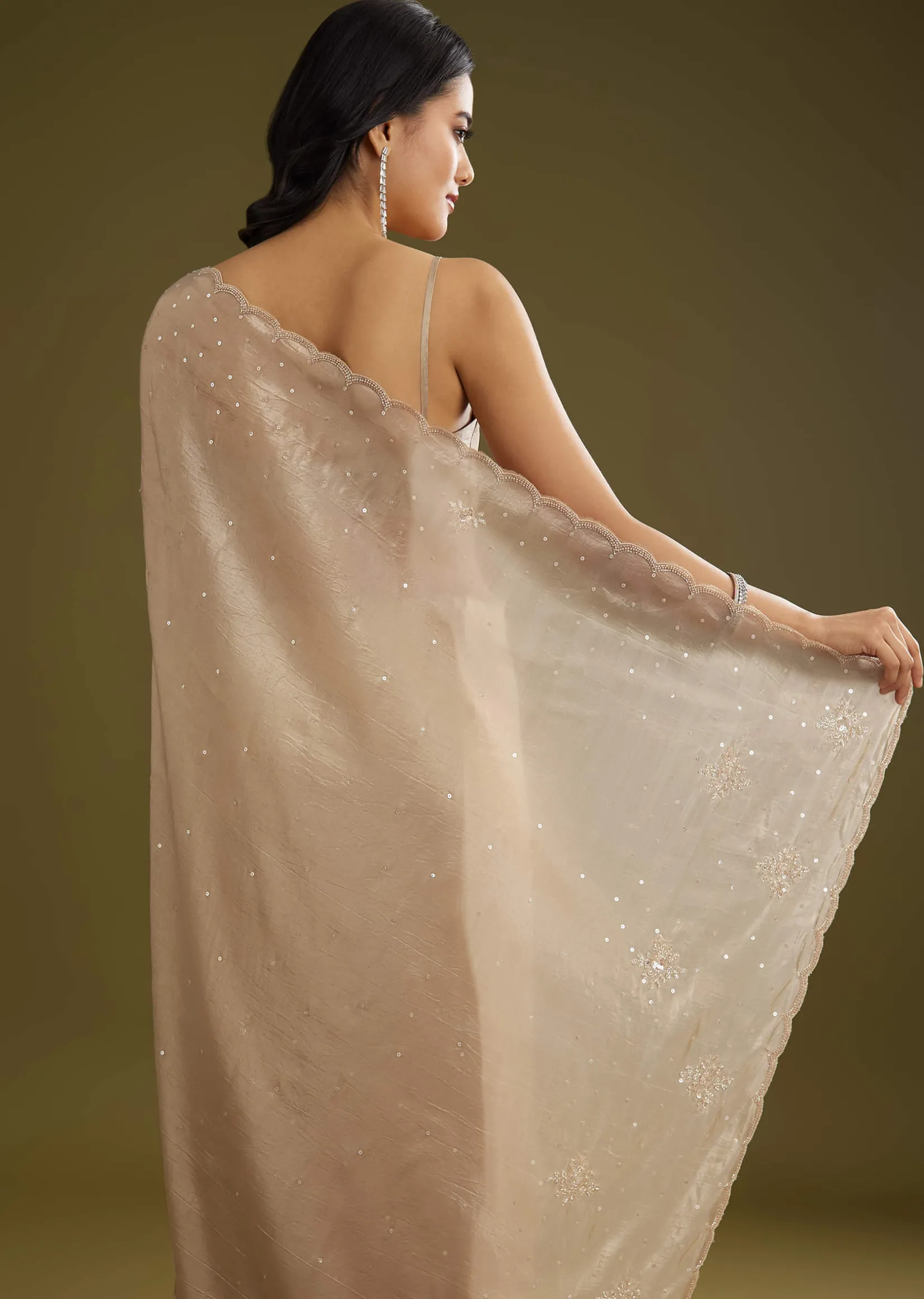 Coffee Brown Crushed Tissue Saree With Embroidered Scallop Border