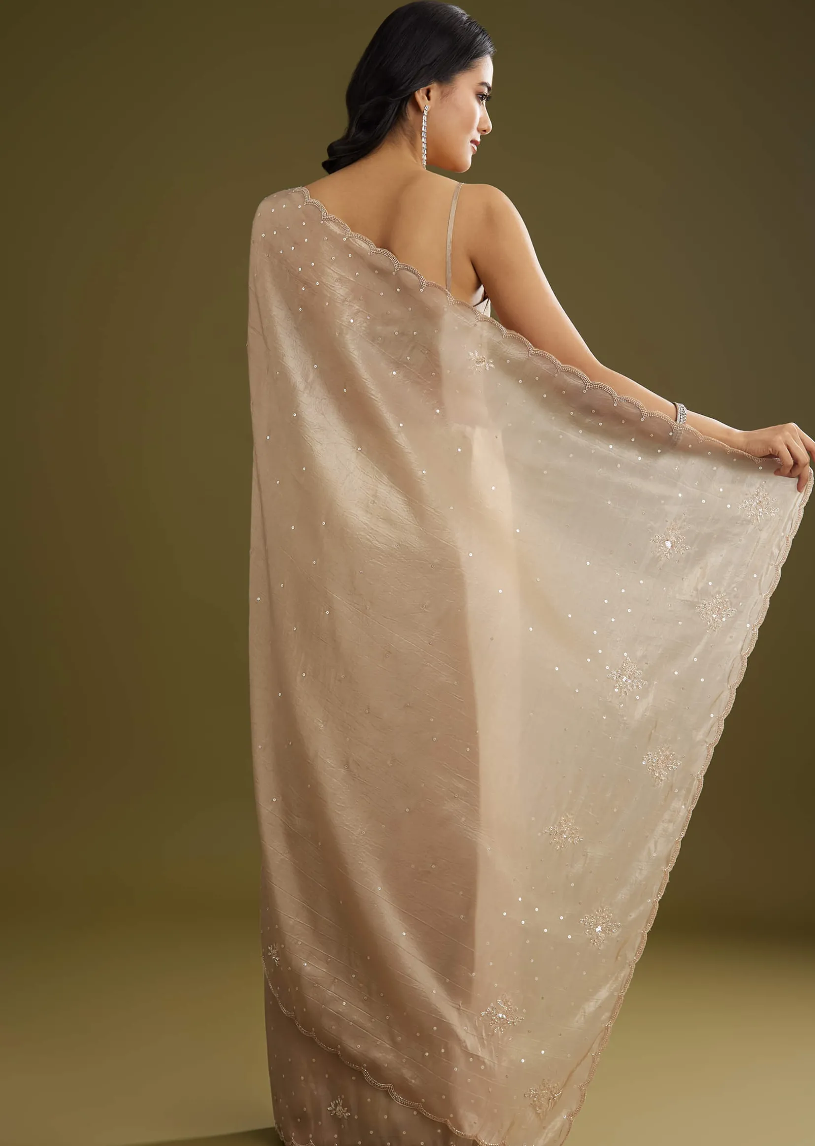 Coffee Brown Crushed Tissue Saree With Embroidered Scallop Border