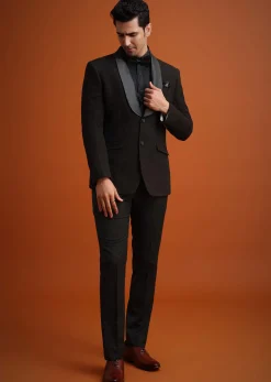 Coffee Brown Knit Tuxedo Set With Waistcoat And Bow