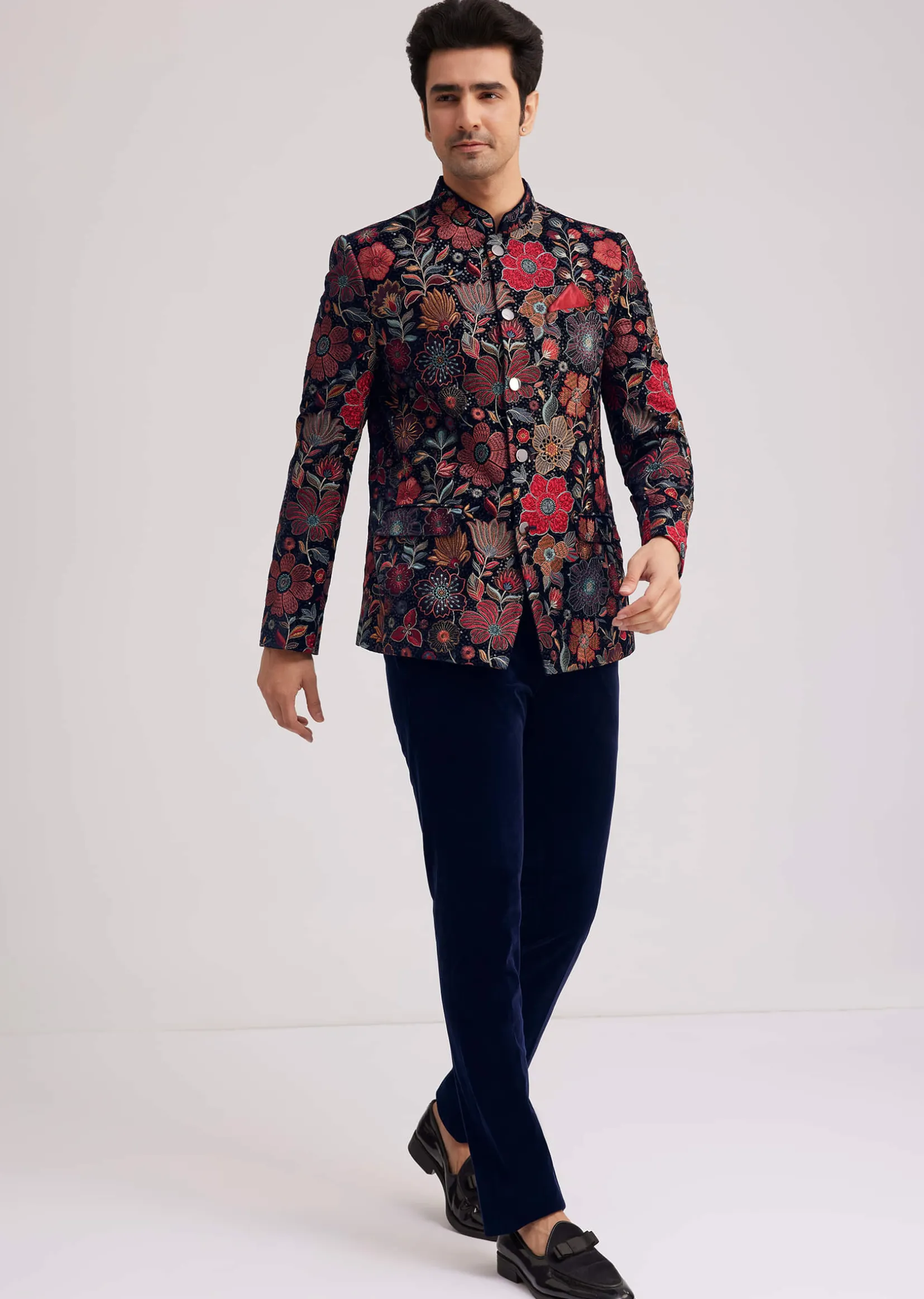 Coffee Brown Velvet Jodhpuri Set With Floral Embroidery