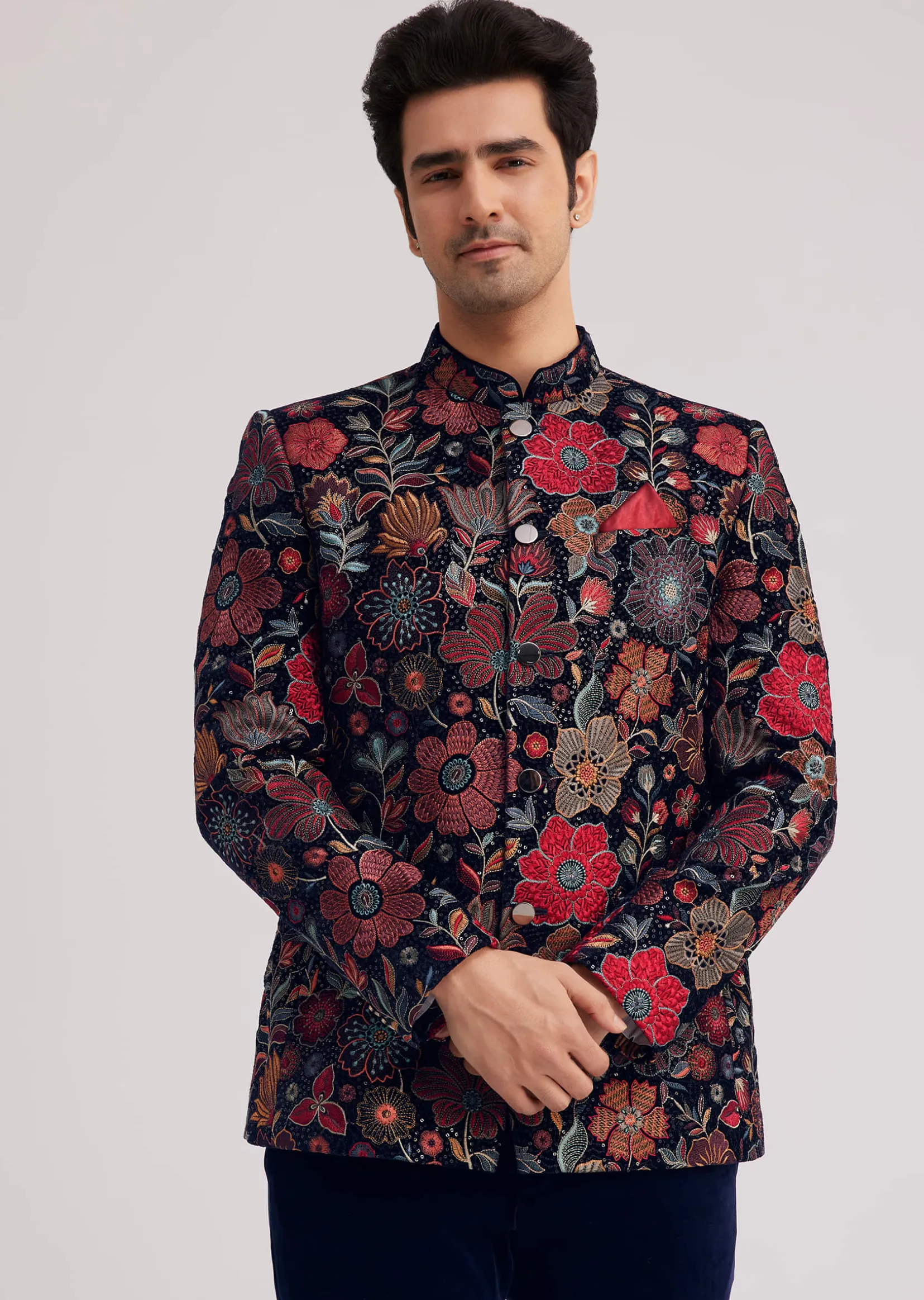 Coffee Brown Velvet Jodhpuri Set With Floral Embroidery