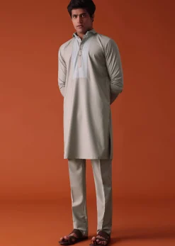Cool Grey Pathani Kurta Set in Terry Rayon With Yoke Detailing