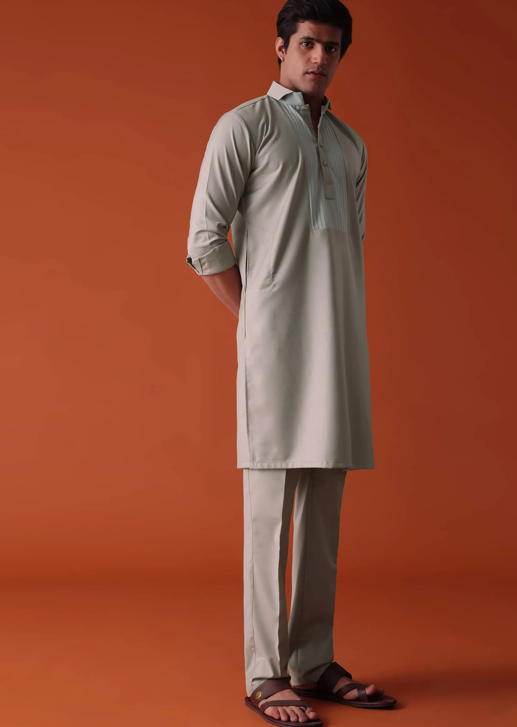 Cool Grey Pathani Kurta Set in Terry Rayon With Yoke Detailing