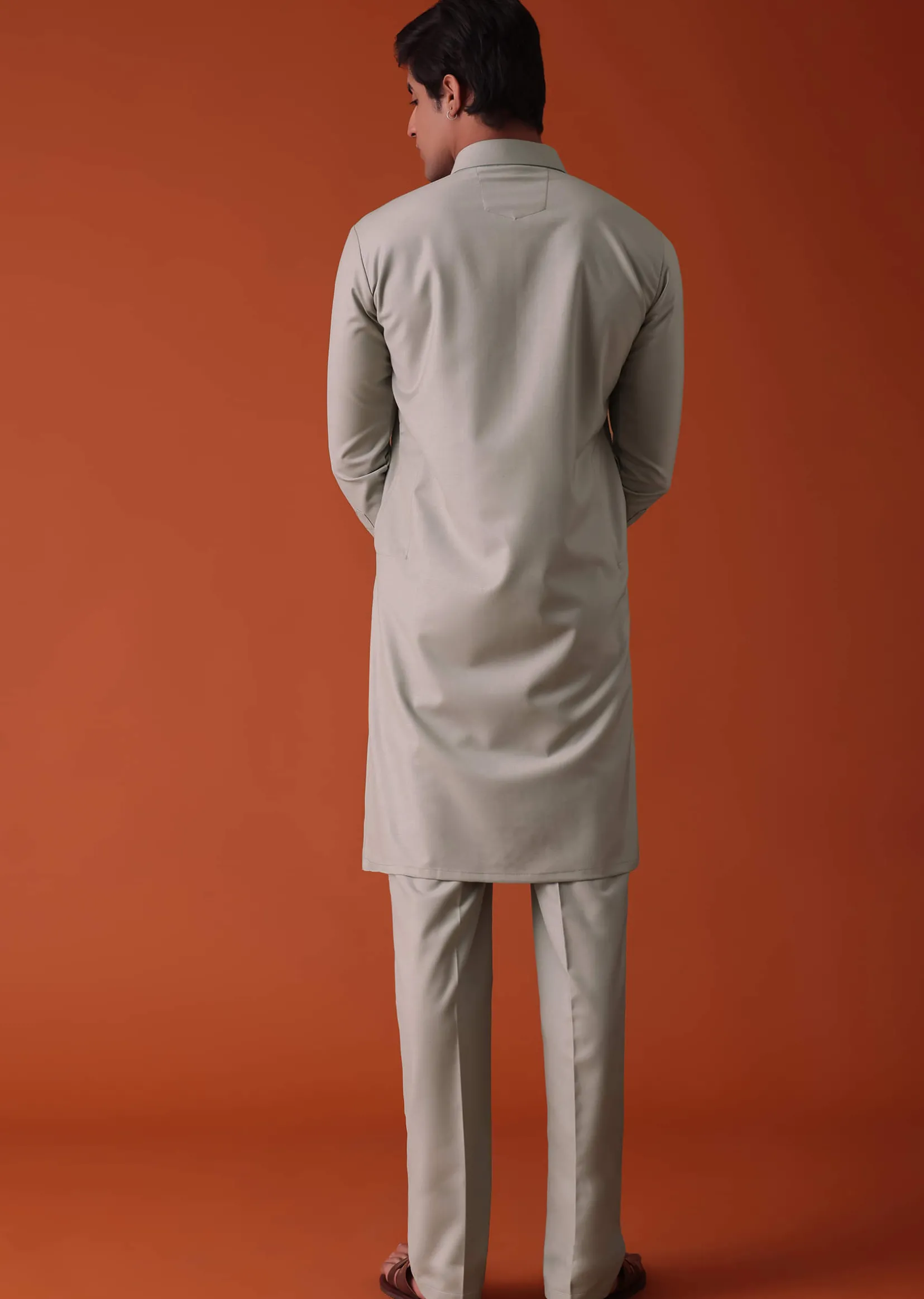 Cool Grey Pathani Kurta Set in Terry Rayon With Yoke Detailing