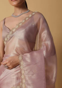 Copper Brown Foil Saree In Tissue With Cut Dana Embroidered Borders