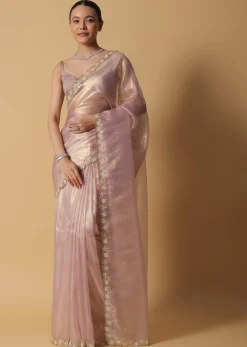 Copper Brown Foil Saree In Tissue With Cut Dana Embroidered Borders